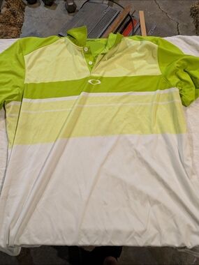 Oakley Lime Green and White Striped Polo